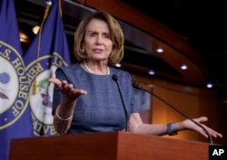 FILE - House Minority Leader Nancy Pelosi of Calif. speaks to reporters about Republican efforts to craft an "Obamacare" replacement bill, March 9, 2017, on Capitol Hill in Washington.