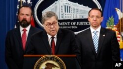 Attorney General William Barr speaks about the release of a redacted version of special counsel Robert Mueller's report, April 18, 2019.