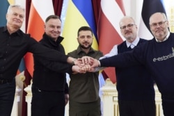 From left to right: Lithuanian President Gitanas Nauseda, Polish President Andrzej Duda, Ukrainian President Volodymyr Zelenskyy, Latvian President Egils Levits and Estonian President Alar Karis during a meeting in Kyiv on April 13, 2022. (Ukrainian Presidential Press Office/AP)