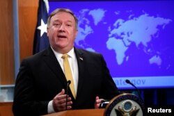 FILE - U.S. Secretary of State Mike Pompeo speaks at the State Department in Washington, Oct. 3, 2018.