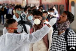 Seorang petugas kesehatan mengumpulkan sampel swab dari seorang pelancong di stasiun kereta api untuk menguji COVID-19 sebelum mengizinkannya memasuki kota itu, di Mumbai, India, Rabu, 12 Januari 2022. (Foto: AP/Rajanish kakade)