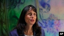 Google Vice President Jacqueline Fuller speaks during an interview with The Associated Press in Paris, Nov. 18, 2019