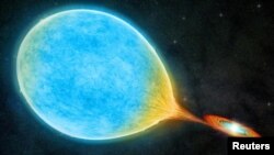 An artist's illustration shows a white dwarf and larger, sun-like star forming a "cataclysmic" binary system, seen in this undated handout image. (M.Weiss/Center for Astrophysics/Harvard & Smithsonian/handout via REUTERS)