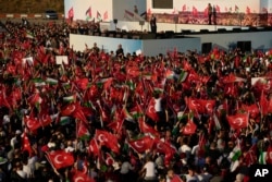 Turkish President Tayyip Erdogan speaks during a rally to show solidarity with Palestinians, in Istanbul, Turkey, on Oct. 28, 2023.