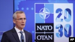 옌스 스톨텐베르그 나토 사무총장이 31일 벨기에 브뤼셀의 나토 본부에서 기자회견을 했다.