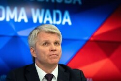 Russian Sports Minister Pavel Kolobkov speaks to the media in Moscow, Dec. 9, 2019.