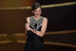 Hildur Guonadottir accepts the award for best original score for "Joker" at the Oscars on Feb. 9, 2020.