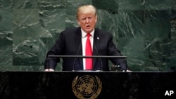 President Donald Trump addresses the 73rd session of the United Nations General Assembly, at U.N. headquarters, Sept. 25, 2018. 