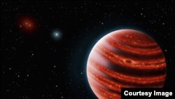 FILE - This artist's rendition shows 51 Eridani b, seen in the near-infrared light that shows the hot layers deep in its atmosphere glowing through clouds. (Credit: credits: Danielle Futselaar and Franck Marchis, SETI Institute)