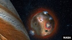 Artist’s concept of the atmospheric collapse of Jupiter’s volcanic moon Io, which is eclipsed by Jupiter for two hours of each day (1.7 Earth days). The resulting temperature drop freezes sulfur dioxide gas, causing the atmosphere to “deflate.” 