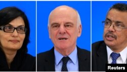 Kandidat direktur WHO, dari kiri: Sania Nishtar (pakistan), David Nabarro (Inggris) danTedros Adhanom Ghebreyesus (Ethiopia).