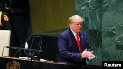 Presiden AS Donald Trump akan saat menyampaikan pidato di hadapan Sidang ke-74 Majelis Umum PBB di New York, 24 September 2019.