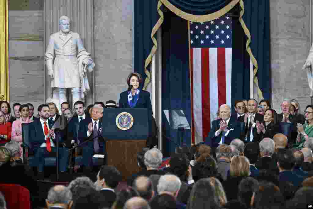 Sen. Amy Klobuchar, D-Minn., speaks during the 60th Presidential Inauguration in the Rotunda of the U.S. Capitol in Washington, Jan. 20, 2025. 