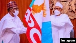 Shugaban rikon kwarya na APC Ma Mala Buni, hagu tare da shugaba Buhari, dama (Instagram/Mai Mala