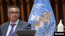World Health Organization (WHO) Director-General Tedros Adhanom Ghebreyesus attends a news conference organized by Geneva Association of United Nations Correspondents (ACANU) amid the COVID-19 outbreak, caused by the novel coronavirus.