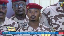 FILE - Mahamat Idriss Deby Itno, 37, the son of the late Chadian President Idriss Deby Itno, is seen during a military broadcast announcing the death of his father on state television, April 20, 2021.