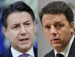 FILE - This combination of photos shows then-Italian Prime Minister Giuseppe Conte (L) at a European Union summit in Brussels, Oct. 02, 2020, and then former Italian Prime Minister Matteo Renzi at a press conference in Rome, March 5, 2018.
