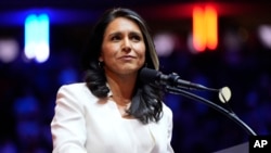 FILE - Tulsi Gabbard speaks at a Republican campaign rally at Madison Square Garden in New York, Oct. 27, 2024.