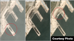 북한 라진 석탄 항구의 변화 과정을 찍은 위성사진. 6월5일 위성사진에는 부두에 쌓인 석탄의 양이 적지만(원 안) 6월24일 늘어났다가 7월31일 일부 줄어든 모습을 볼 수 있다. 또 7월31일 석탄 야적장의 양도 크게 줄어든 장면(오른쪽 원 안)이 확인된다. 사진제공=Planet Labs Inc.
