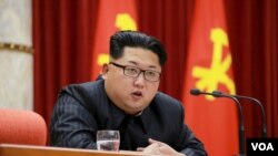 朝鲜领导人金正恩在向参与平壤宣布的氢弹试爆的科技人员、工兵和工作人员颁奖仪式上讲话（2016年1月13日）。