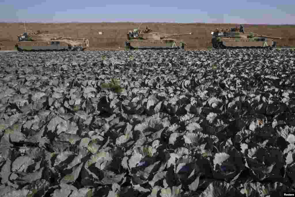 Israeli tanks stand on the edge of a cabbage field outside the central Gaza Strip.
