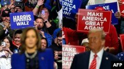 미국 민주당 대통령 후보 카멀라 해리스 부통령 지지자들의 피켓 · 미국 공화당 대통령 후보 도널드 트럼프 전 대통령 지지자들의 피켓.