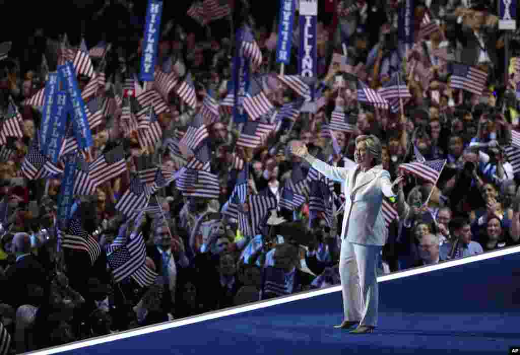 Democratic presidential candidate Hillary Clinton takes the stage during the final day of the Democratic National Convention in Philadelphia, July 28, 2016.