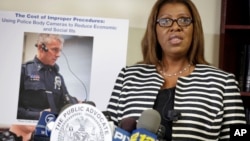 New York City Public Advocate Letitia James holds a news conference Thursday, Aug. 21, 2014, to unveil a proposal that would require police to wear body cameras. (AP Photo/Vanessa A. Alvarez)