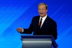 Businessman Tom Steyer speaks during a Democratic presidential primary debate, Feb. 7, 2020, at Saint Anselm College in Manchester, N.H.