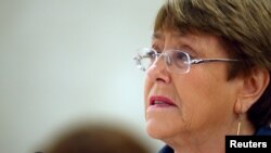 FILE - United Nations High Commissioner for Human Rights Michelle Bachelet attends a session of the Human Rights Council at the United Nations in Geneva, Switzerland, Feb. 27, 2020.