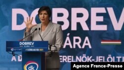 FILE - Klara Dobrev, candidate of the 'Democratic Coalition Party', gives a speech during the campaign closing session on Sept. 17, 2021 in Budapest.