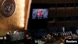 President of Tanzania Samia Suluhu Hassan speaks at the 76th session of the United Nations General Assembly at the U.N. headquarters in New York City, Sept. 23, 2021.