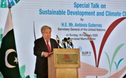 U.N. Secretary-General Antonio Guterres addresses an event on Sustainable Development and Climate Change, in Islamabad, Pakistan, Feb. 16, 2020.