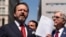 FILE - Sebastian Gorka, left, speaks during a press conference outside Manhattan criminal court on May 21, 2024, in New York. Gorka, now a senior U.S. counterterrorism official, said on Feb. 11, 2025, that the threat from jihadists is growing.