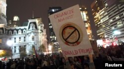 Protestors march against Republican Donald Trump's victory in Tuesday's U.S. presidential election in Philadelphia, Pennsylvania, Nov. 9, 2016. 