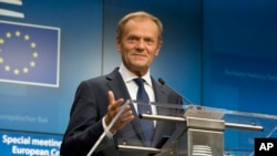 European Council President Donald Tusk speaks during a media conference at an EU summit in Brussels, July 2, 2019. 