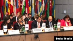 Georgian Deputy Foreign Minister Lasha Darsalia speaks on the Russian military presence in South Ossetia, Georgia, at a July OSCE meeting in Vienna, Austria. (Social media, photo credit @tchitanava)