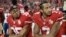 San Francisco 49ers safety Eric Reid (35) and quarterback Colin Kaepernick (7) kneel during the national anthem before an NFL football game against the Los Angeles Rams in Santa Clara, California, Sept. 12, 2016.