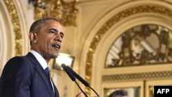 美国总统奥巴马在阿根廷的总统宫举行的记者会上发表讲话。（2016年3月23日）