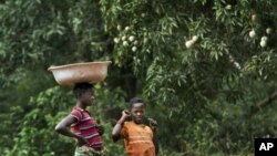 Children watch a convoy of troops from the Central African Republic, Uganda, U.S. Army special forces, and media, drive through Obo, Central African Republic, April 29, 2012.
