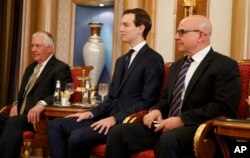 U.S. Secretary of State Rex Tillerson, left, White House senior adviser Jared Kushner, center, and National Security Adviser H.R. McMaster at a bilateral meeting between President Trump and Bahrain's King Hamad bin Isa Al Khalifa, May 21, 2017, in Riyadh.