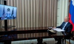 Russian President Vladimir Putin holds talks with U.S. President Joe Biden via a video link in Sochi, Russia, Dec. 7, 2021. (Sputnik/Sergey Guneev/Pool via Reuters)