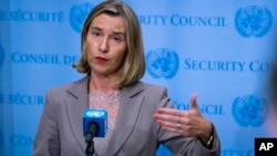 European Union Foreign Policy Chief Federica Mogherini answers questions following a European Union-hosted meeting about the Iran nuclear deal at United Nations headquarters, Sept. 20, 2017.