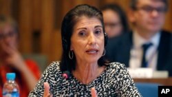 FILE - Diane Foley, founder and president of the James W. Foley Legacy Foundation speaks at a international conference on safety for media professionals, at UNESCO headquarters in Paris, France, Feb. 5, 2016. 