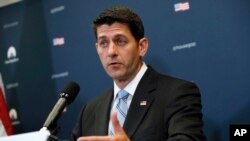 House Speaker Paul Ryan of Wis., speaks about Harvey relief efforts after a meeting with House Republicans, Wednesday, Sept. 6, 2017, on Capitol Hill in Washington. 