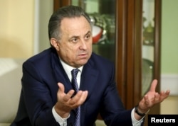 File - Russian Sports Minister Vitaly Mutko gestures during an interview with Reuters in Moscow, March 11, 2016.