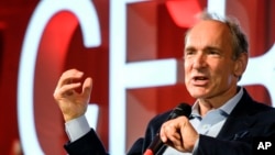 English computer scientist Tim Berners-Lee, best known as the inventor of the World Wide Web, delivers a speech during an event at the CERN in Meyrin near Geneva, Switzerland, March 12, 2019 marking 30 years of World Wide Web. (Fabrice Coffrini/Pool, Keystone via AP)