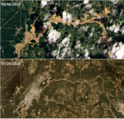 북한의 곡창지대로 알려진 황해남도 숙천군 일대의 지난 6일 위성사진(위). 지난달 25일 사진과 비교하면 폭우 피해로 곳곳이 물에 잠긴 것을 알 수 있다. 자료=Planet Labs