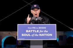 Democratic presidential candidate former Vice President Joe Biden speaks at a rally at Franklin Delano Roosevelt Park, Sunday, Nov. 1, 2020, in Philadelphia. (AP Photo/Andrew Harnik) Format: JPG