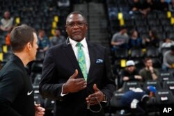 Atlanta Hawks analyst and NBA Hall of Famer Dominique Wilkins is pictured during the first half of an NBA basketball game, Jan. 10, 2018.